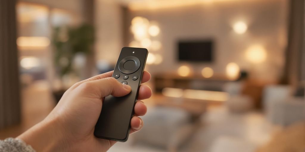 Main tenant une télécommande domotique avec maison intelligente