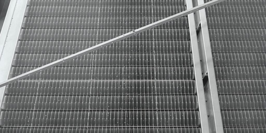 Industrial air-cooled heat exchanger in operation.