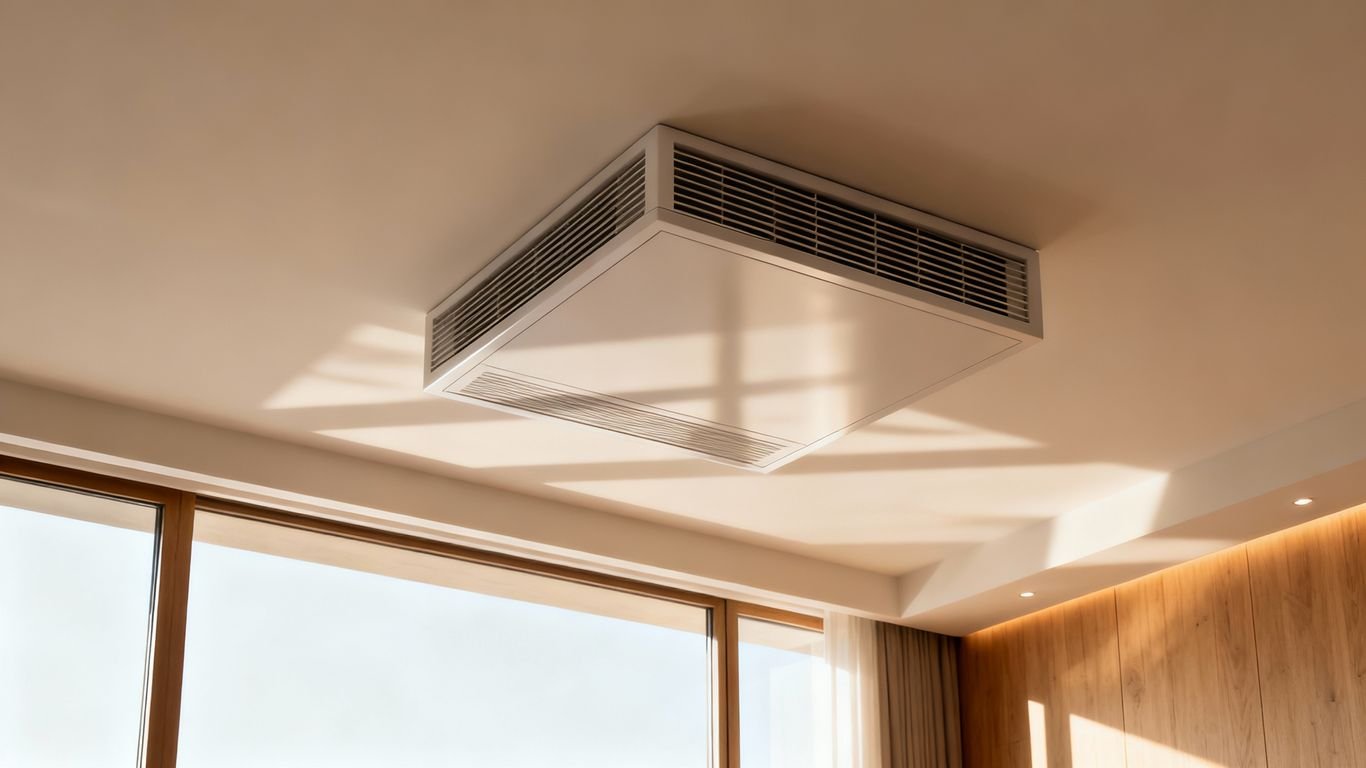 Unità di climatizzazione a cassetta in un ufficio moderno.