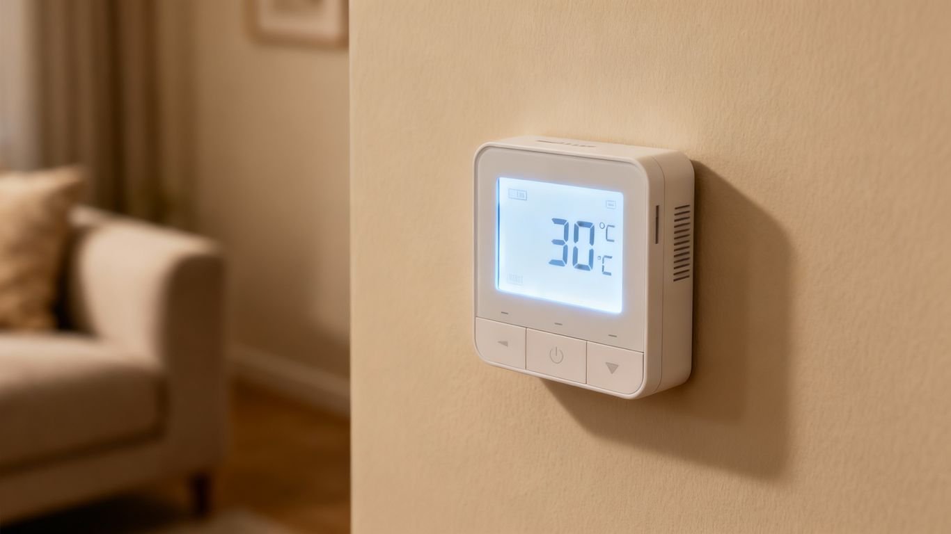 Thermostat displaying the indoor temperature.