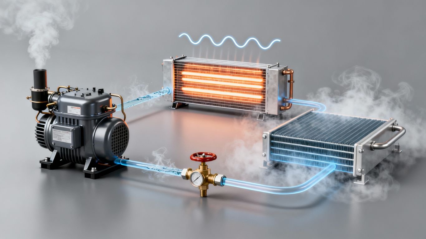 Composants visuels du cycle frigorifique, détente et condensation.