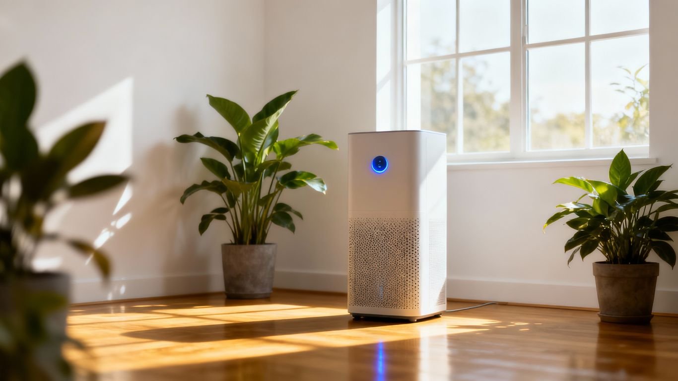 Purificador de aire en una habitación luminosa y moderna.