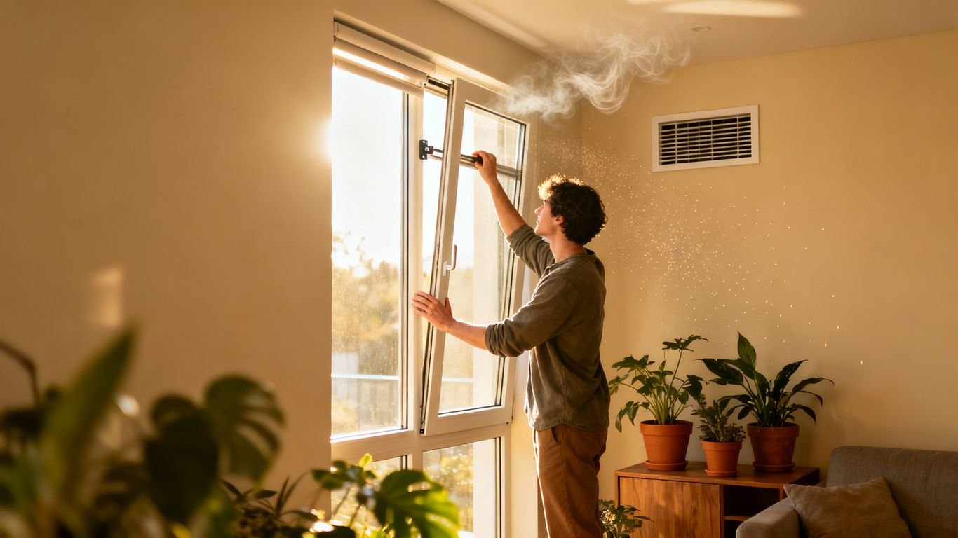 Personne ouvrant une fenêtre pour aérer une pièce