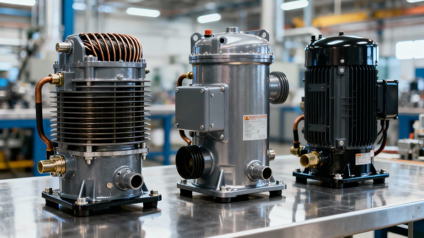 Tres compresores frigoríficos diferentes uno al lado del otro en el taller.