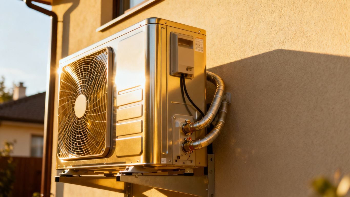 Pompa di calore esterna moderna con tubi a vista.
