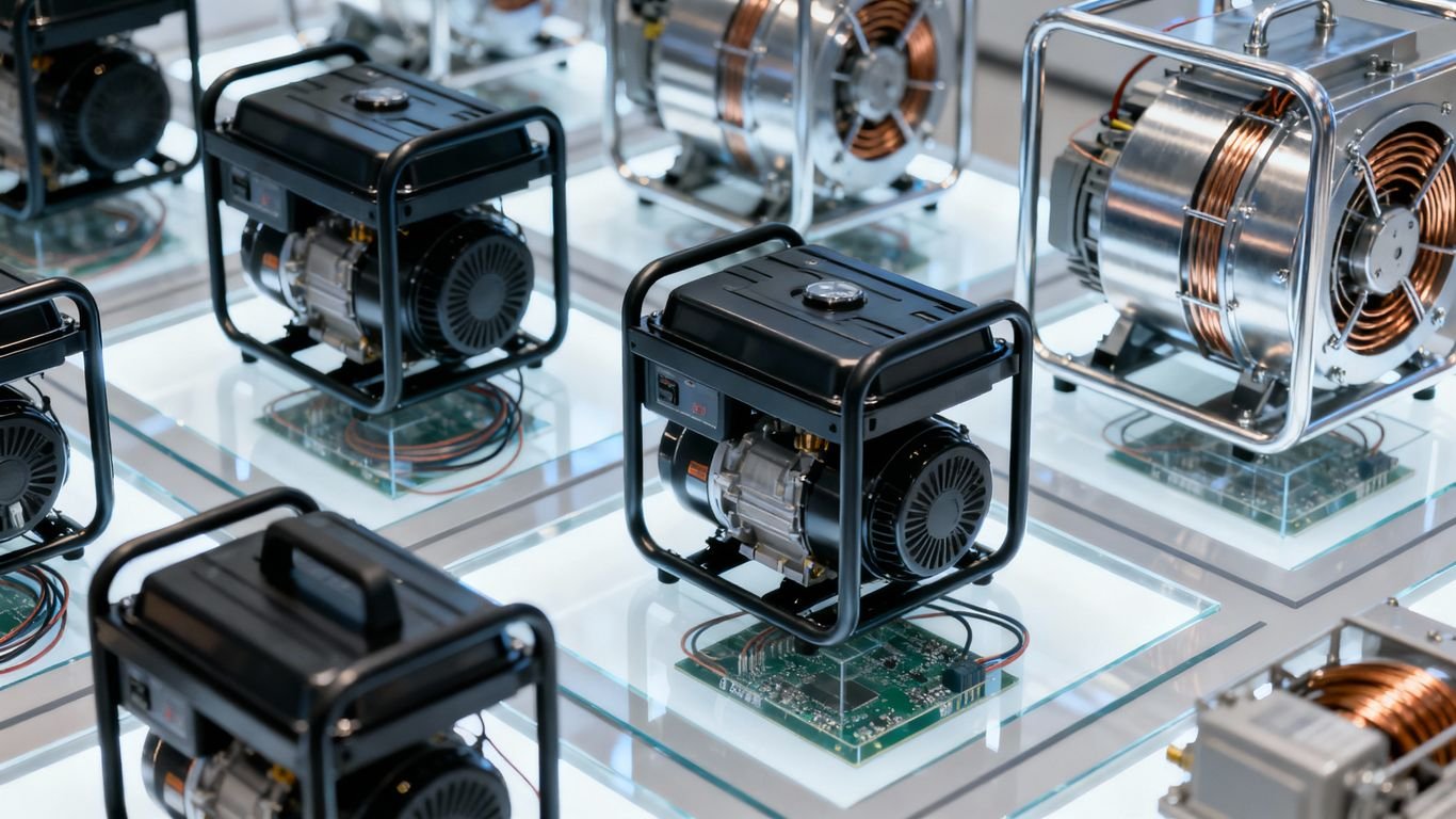 Generatori elettrici di diversi tipi e dimensioni.