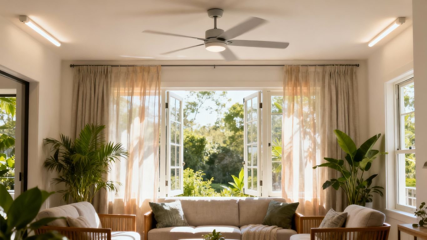 Ventilador circulador de aire en un salón moderno y luminoso