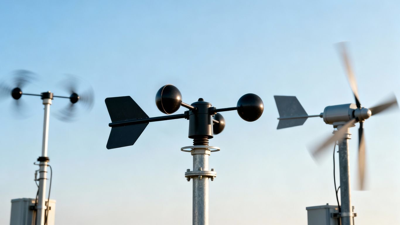 Diversi anemometri sotto un cielo sereno all'aperto.