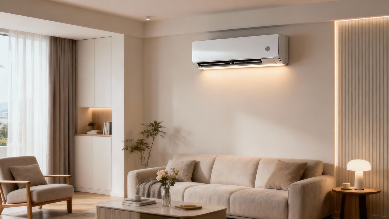 Wall-mounted indoor air conditioning unit in a modern living room.