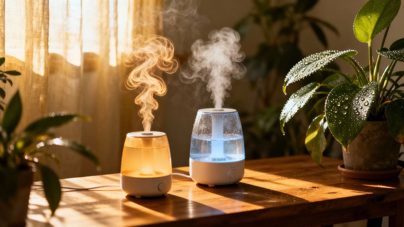 Deux humidificateurs, vapeur et ultrason, sur une table.