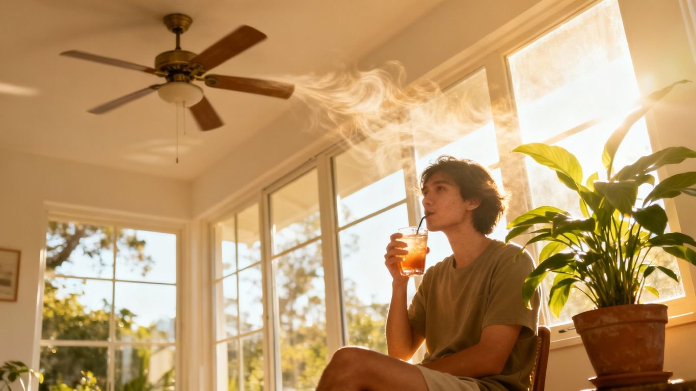 Ventilateur de plafond et lumière naturelle dans une pièce