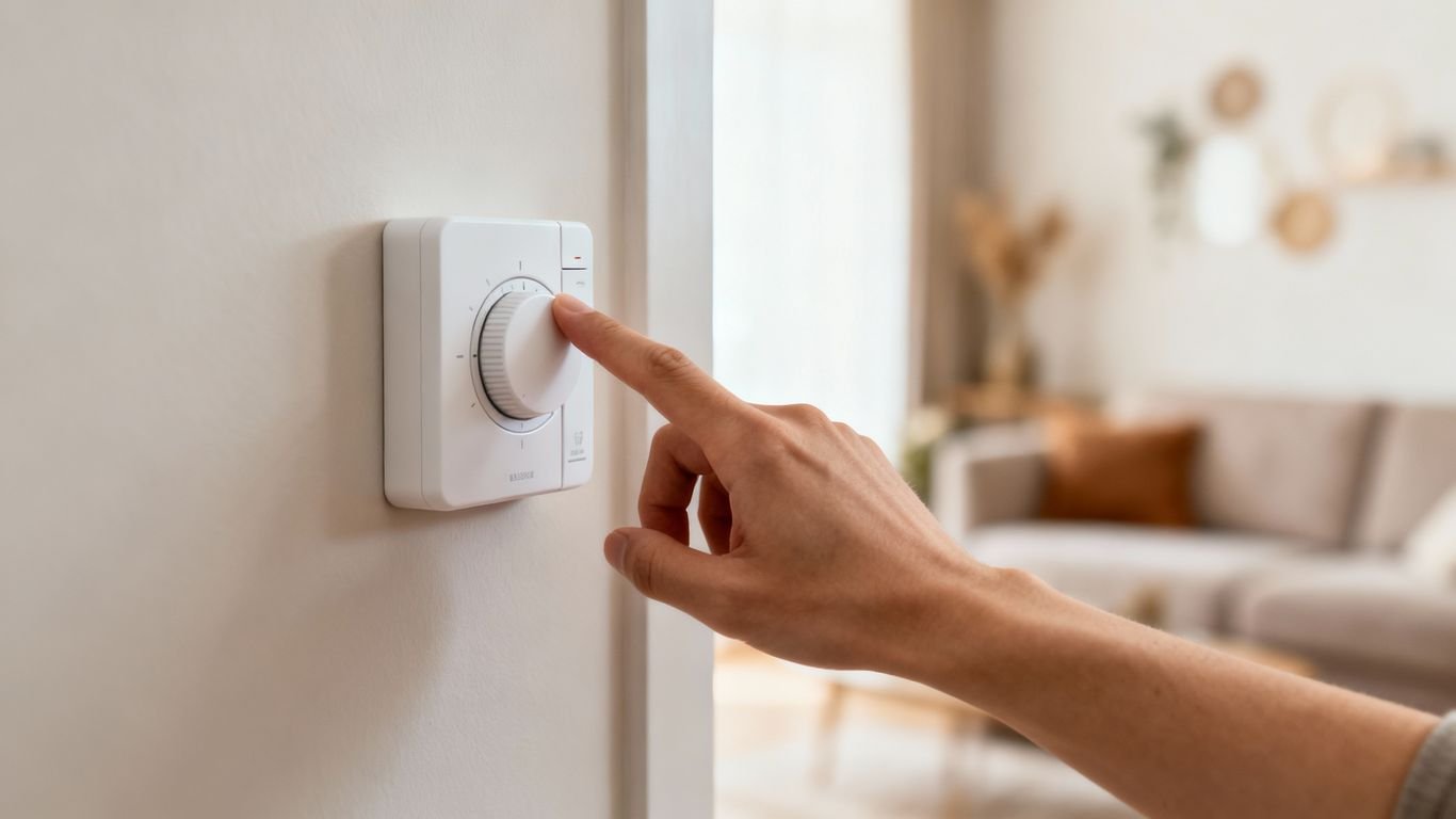 Thermostat auf Augenhöhe an einer Wand installiert.