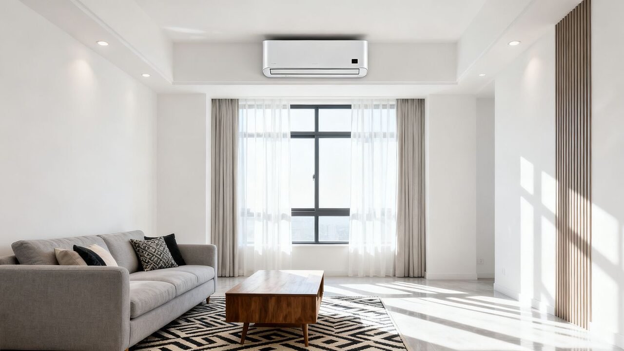 Wall-mounted monosplit air conditioning unit in a modern living room.